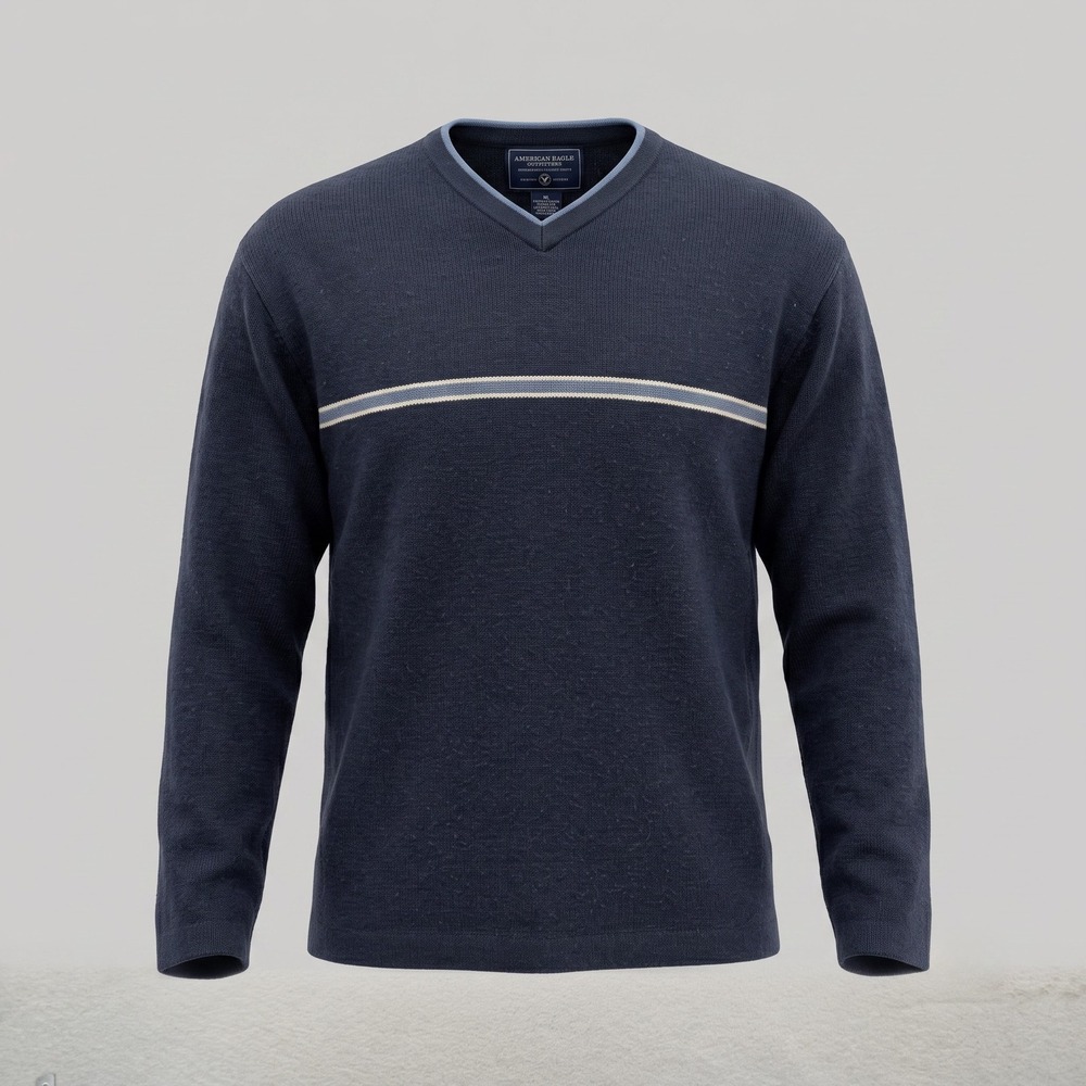 American Eagle Mens XL Navy Blue Sweater V-Neck Striped Ramie Cotton Knit
